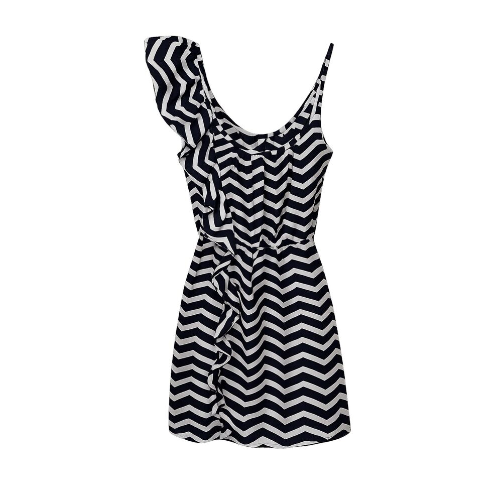 Envy Me Women's One Shoulder Chevron Ruffle Mini Dress Navy White Medium